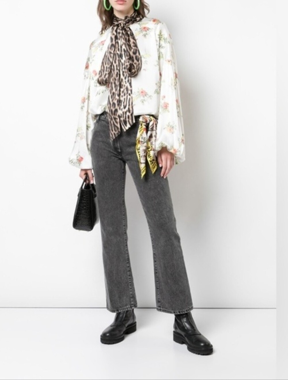 R13 Silk Floral Leopard Tie Neck Blouse Oversized